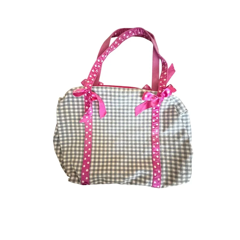 Lillian Vernon Tote Bag Girls OS Pink Grey Gingham Polka Dot‎ Bows 